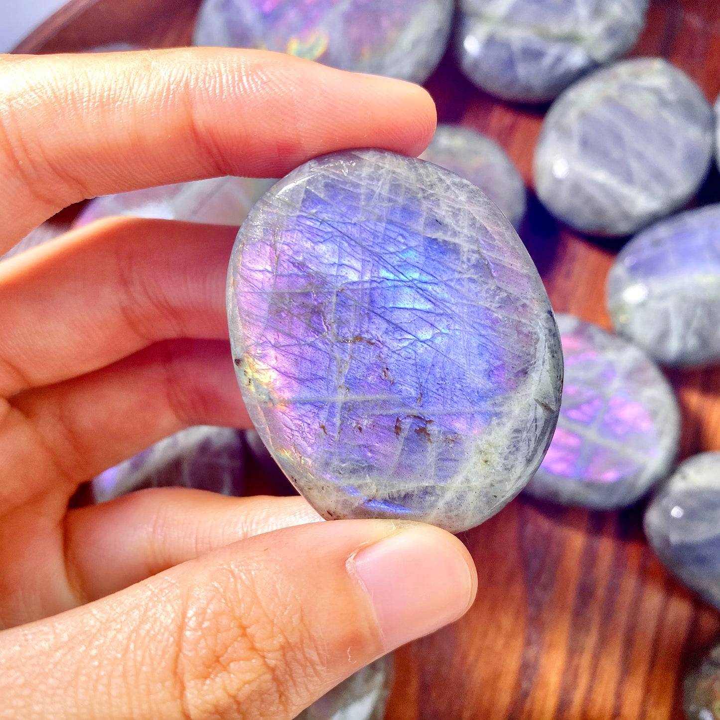 Purple Flash Labradorite Natural Crystal Palm