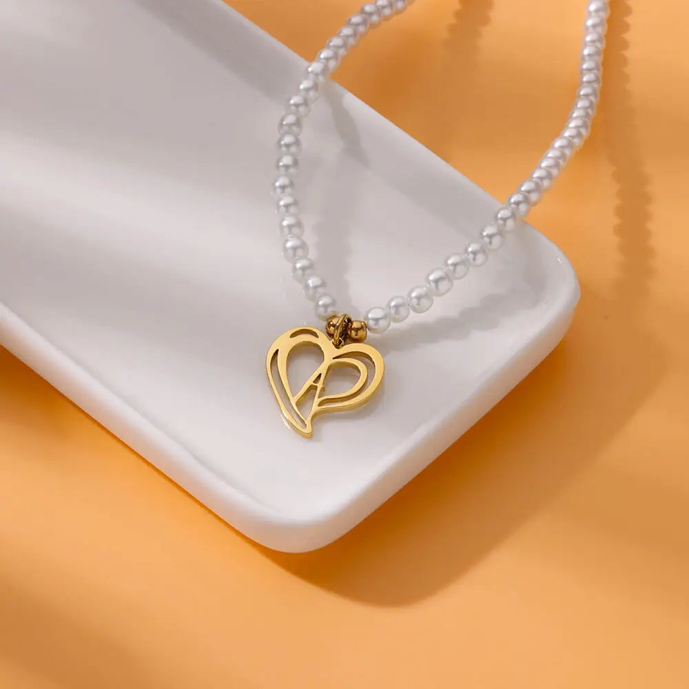Imitation Pearl Alphabet Heart Pendant Necklaces