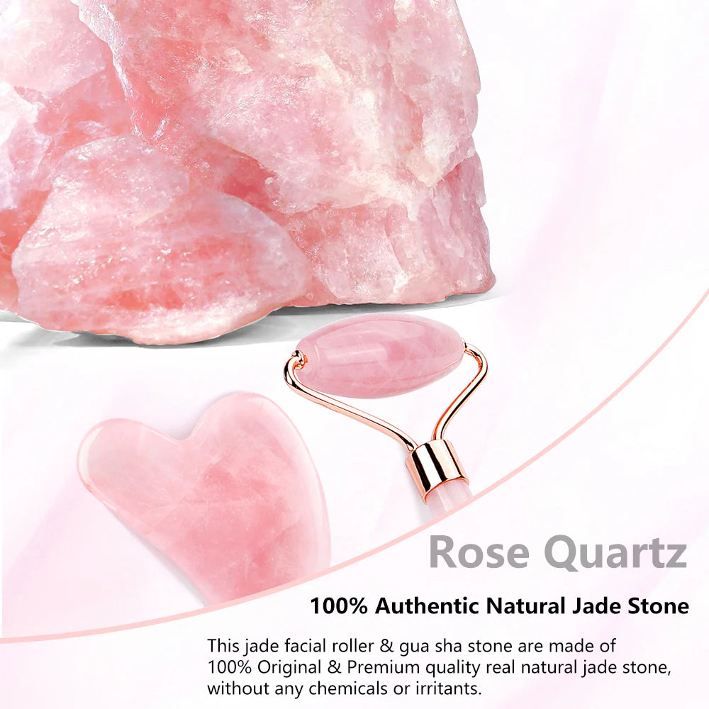 Natural Rose Quartz Gua Sha Jade Roller Set