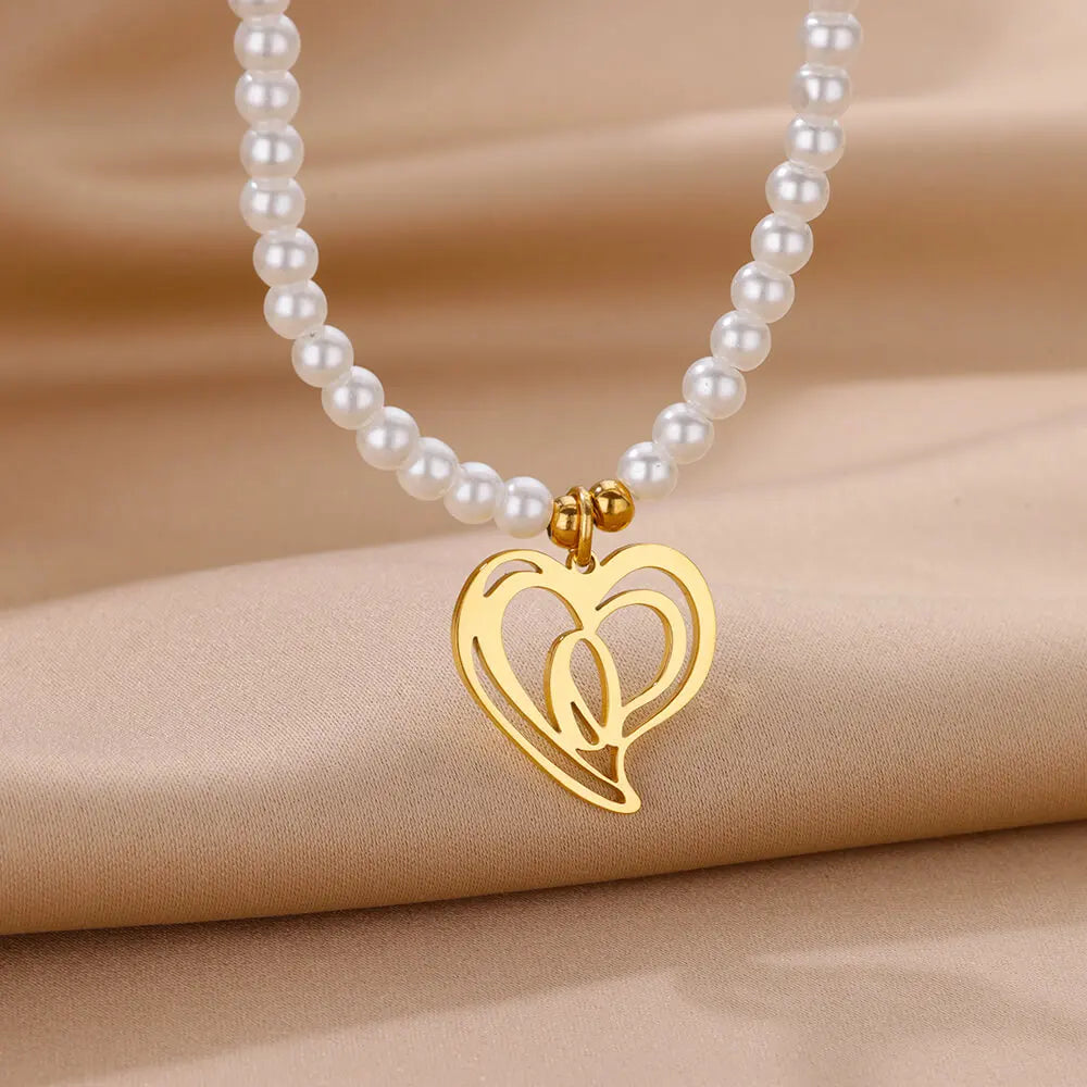 Imitation Pearl Alphabet Heart Pendant Necklaces