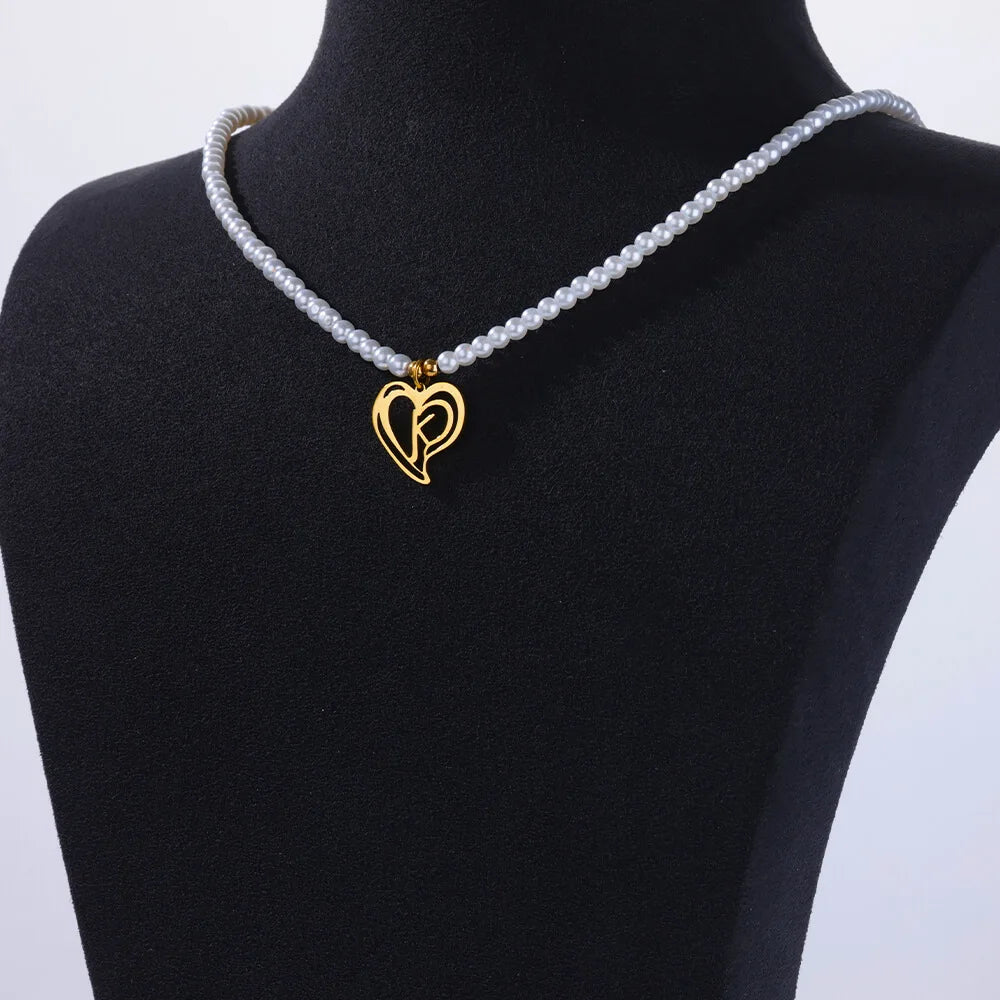 Imitation Pearl Alphabet Heart Pendant Necklaces