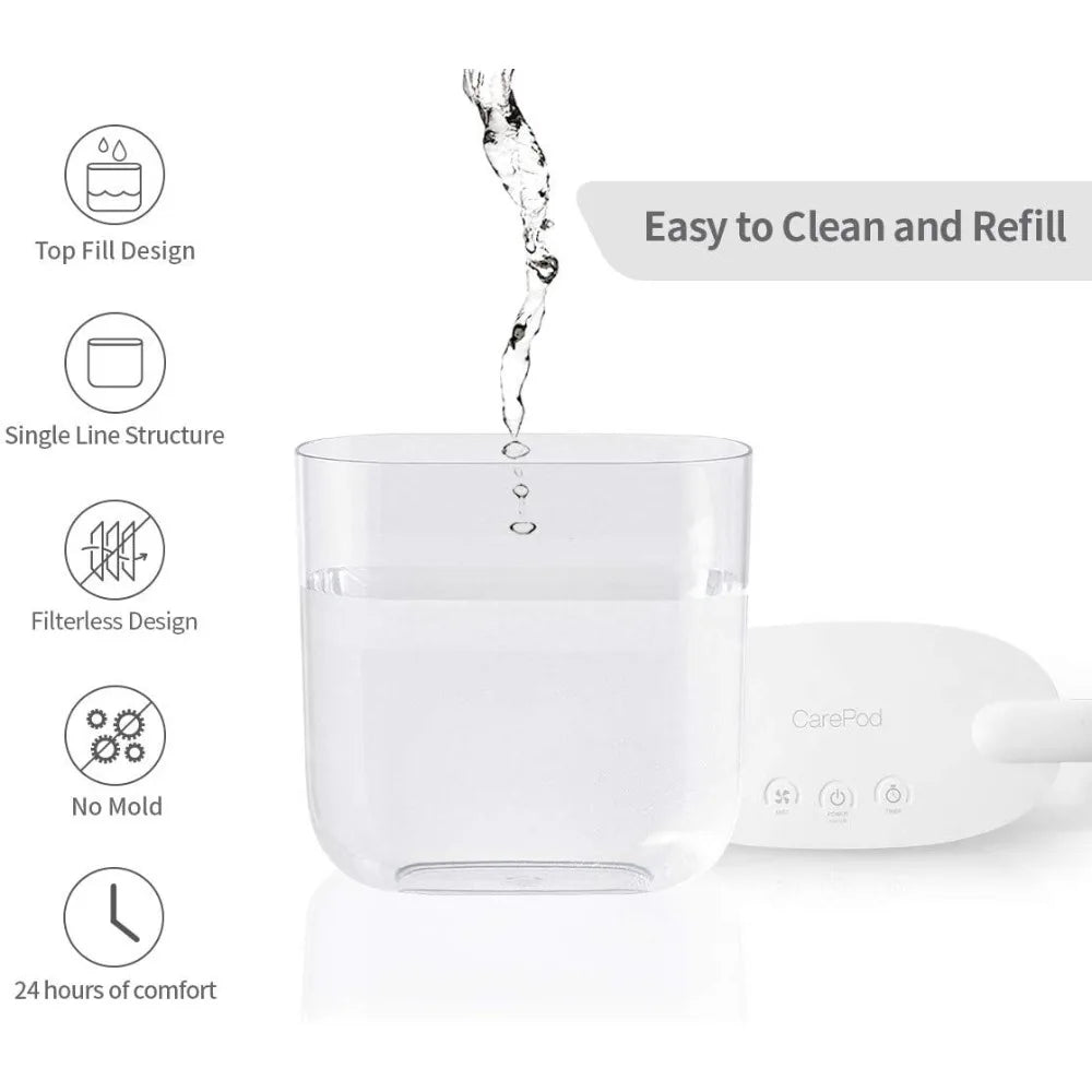 Ultrasonic cold fog humidifier without filter for easy cleaning. Three components can be cleaned and automatically shut off