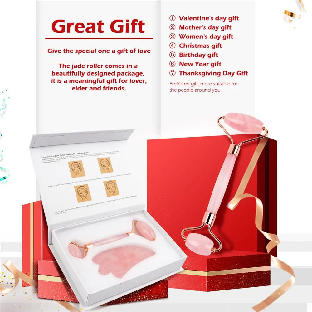 Natural Rose Quartz Gua Sha Jade Roller Set