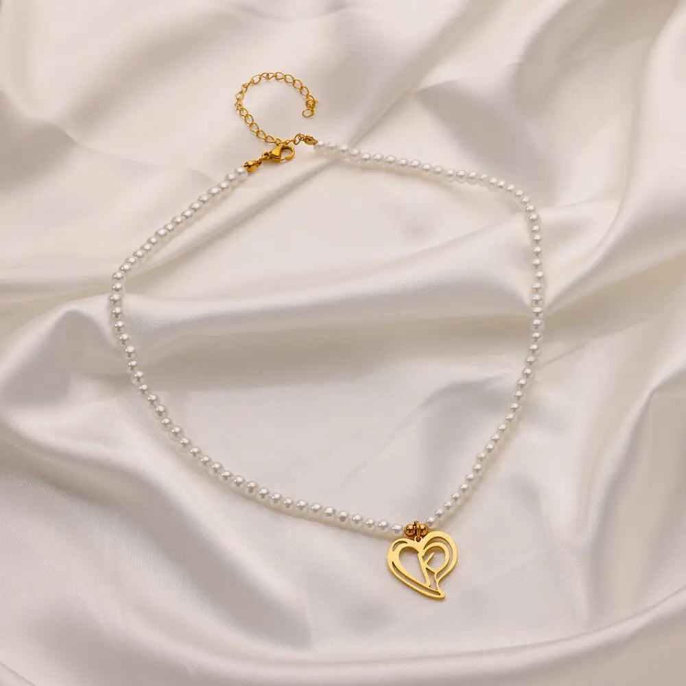 Imitation Pearl Alphabet Heart Pendant Necklaces