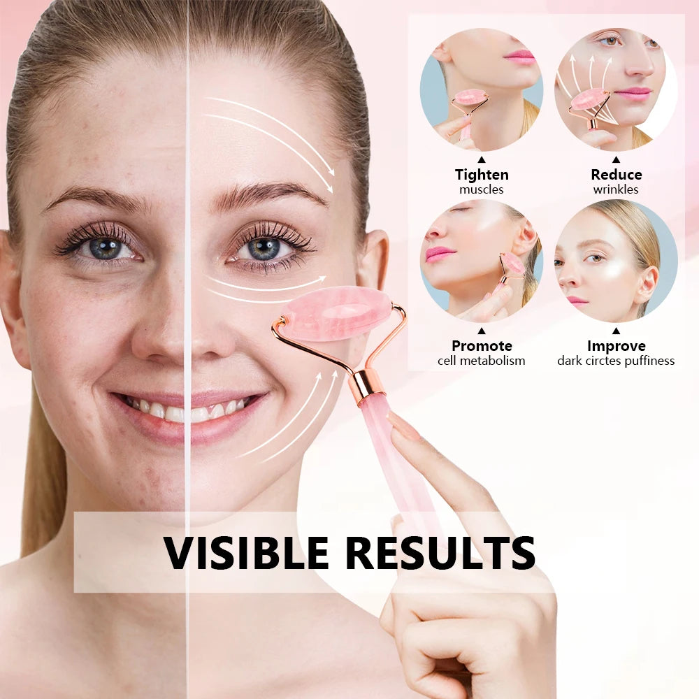 Natural Rose Quartz Gua Sha Jade Roller Set