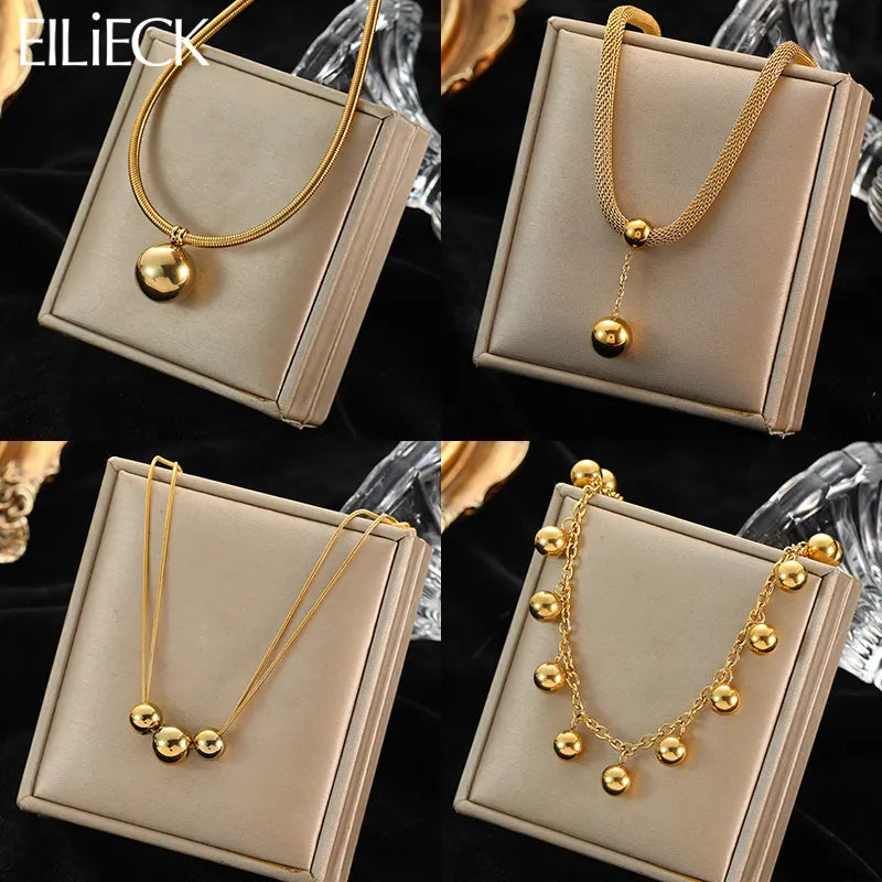 EILIECK 316L Gold Hollow Ball Beads Pendant Necklace