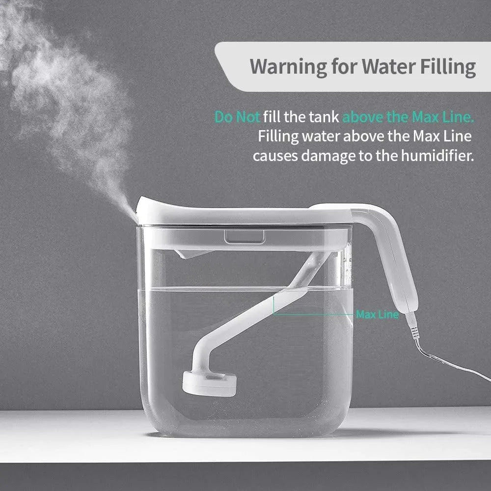 Ultrasonic cold fog humidifier without filter for easy cleaning. Three components can be cleaned and automatically shut off