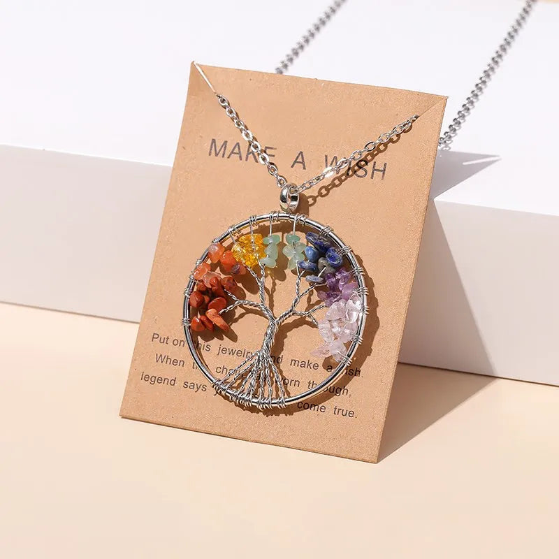 Change Better 7 Chakras Tree Of Life Pendant Necklace Gold Color Wisdom Natural Crystal Chip Beads Reiki Healing Jewelry Gift