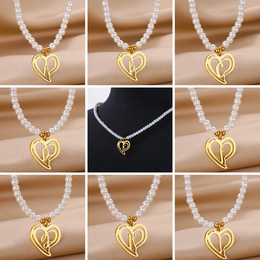 Imitation Pearl Alphabet Heart Pendant Necklaces