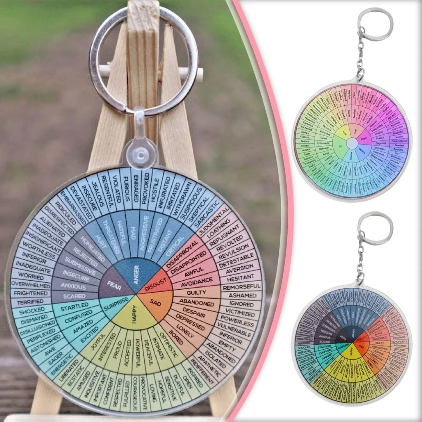 Vintage Round Keychain, Emotion Wheel Poster Key Chain, Feelings Wheel Keychains, Mental Health Test Ornament